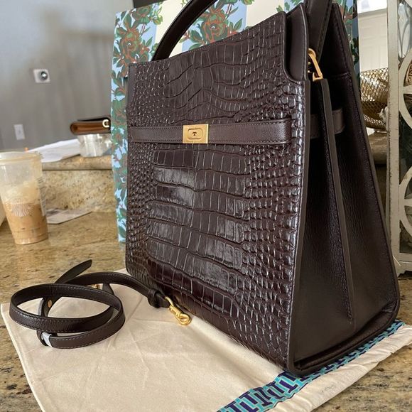 Tory Burch Women's Lee Radziwill Double Bag Handbag Embossed Pumpernickel - Picture 16 of 17